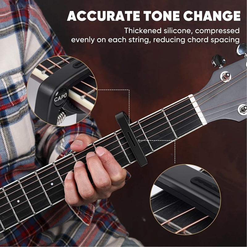 Aarvi Guitar Capo 6-String for Acoustic & Electric Guitars - Universal Clamp with 4 Premium Picks - Compatible with Ukulele, Banjo, Mandolin (Black) - Image 5